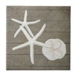 Beach Starfish Sanddollar Shells Weathered Wood Ceramic Tile<br><div class="desc">Hand painted oil pastel White Fingered Starfish and sunbleach sand dollar seashells with elegant, painterly detail was created by internationally licensed artist and designer, Audrey Jeanne Roberts. Simple, relaxed and rustic beachy style home design is layered over a sun bleached, weathered wood medium color board background for a cottage style,...</div>