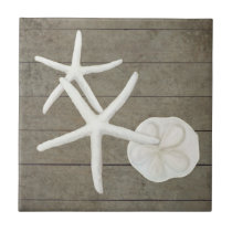 Beach Starfish Sanddollar Shells Weathered Wood Ceramic Tile