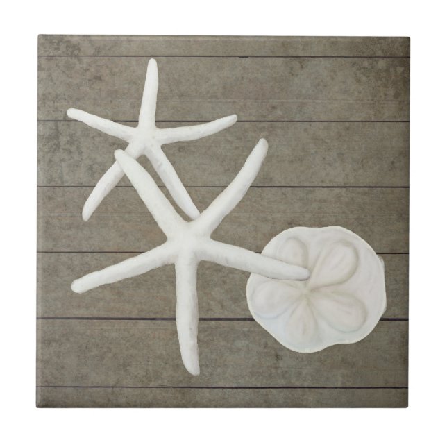 Beach Starfish Sanddollar Shells Weathered Wood Ceramic Tile (Front)