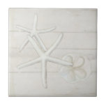 Beach Starfish Sanddollar Shells White Washed Wood Ceramic Tile<br><div class="desc">Simple and elegant monochromatic design is perfect for a modern stylish beach house or a Cottage style home at the shore. Hand painted oil pastel White Fingered Starfish and sun bleached sand dollar seashells with elegant, painterly detail was created by internationally licensed artist and designer, Audrey Jeanne Roberts. Cottage white,...</div>