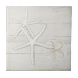 Beach Starfish Sanddollar Shells White Washed Wood Ceramic Tile