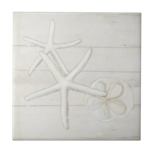 Beach Starfish Sanddollar Shells White Washed Wood Ceramic Tile ...