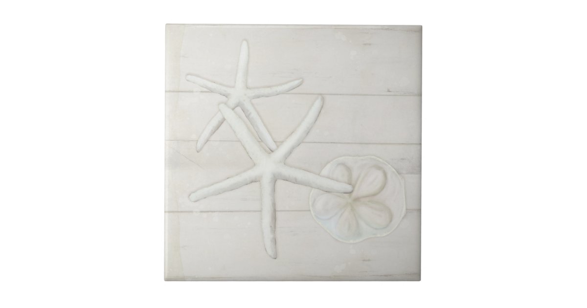 Beach Starfish Sanddollar Shells White Washed Wood Ceramic Tile | Zazzle