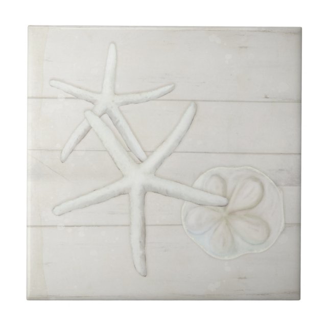 Beach Starfish Sanddollar Shells White Washed Wood Ceramic Tile (Front)