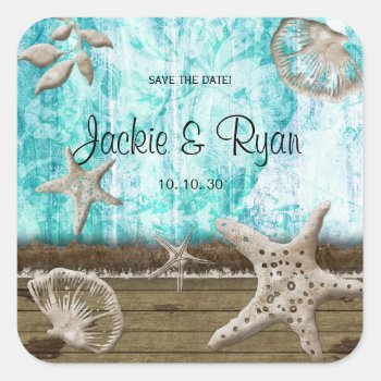 Beach Starfish Seashell Blue Wood Save The Date Square Sticker by WeddingShop88 at Zazzle