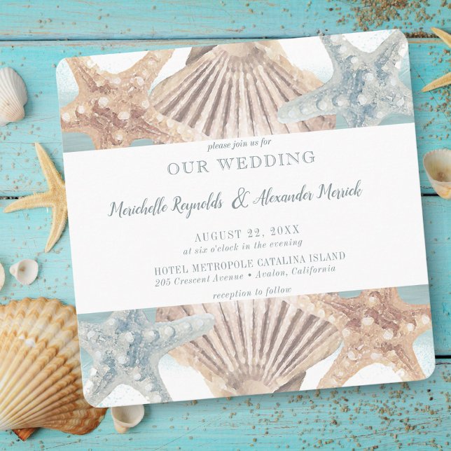 Beach Starfish Seashell Square Wedding Invitation (Creator Uploaded)