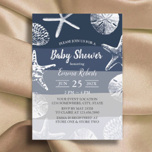 Beach Starfish & Seashells Navy Blue Baby Shower Invitation