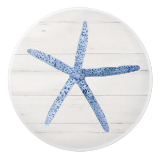 Beach Starfish Shell Modern Blue White Barn Wood Ceramic Knob
