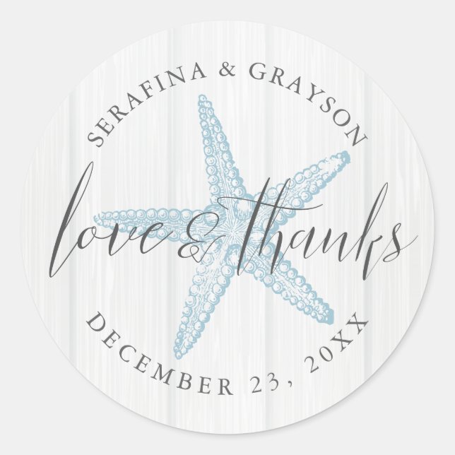 Beach Starfish Thank You Rustic Wedding Favor Classic Round Sticker (Front)