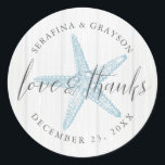 Beach Starfish Thank You Rustic Wedding Favor Classic Round Sticker<br><div class="desc">Round beach wedding favor label sticker for a rustic beach wedding with a vintage starfish illustration and classic traditional serif font and elegant calligraphy handwriting "love and thanks" with names and wedding date. Click CUSTOMIZE FURTHER to change the colors or fonts to coordinate with your event.</div>