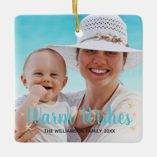 Beach Starfish Warm Wishes Christmas Custom Photo Ceramic Ornament (Front)