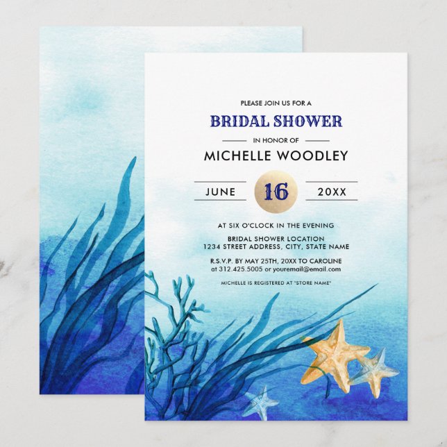 Beach | Starfish Watercolor Bridal Shower Invitation (Front/Back)