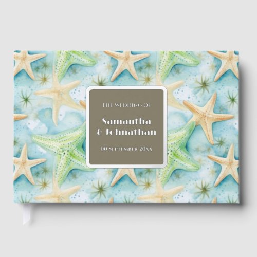 Beach starfish watercolor coastal pattern foil guest book 