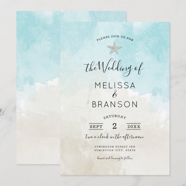 Beach Starfish Watercolor Wedding Invitation (Front/Back)