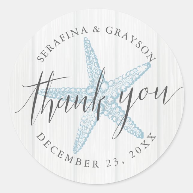 Beach Starfish Wedding Favor Thank You Rustic  Classic Round Sticker (Front)