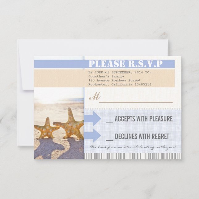 beach starfish wedding rsvp tickets card (Front)