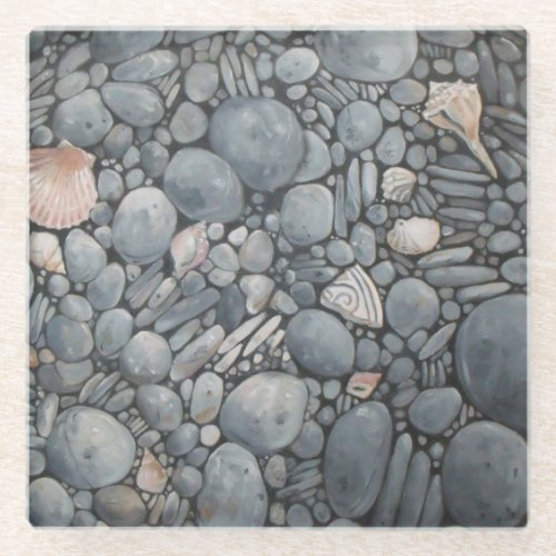 Beach Stones Shells Pebbles Rocks Painting Art Glass Coaster