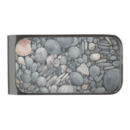 Beach Stones Shells Pebbles Rocks Painting Art Gunmetal Finish Money Clip