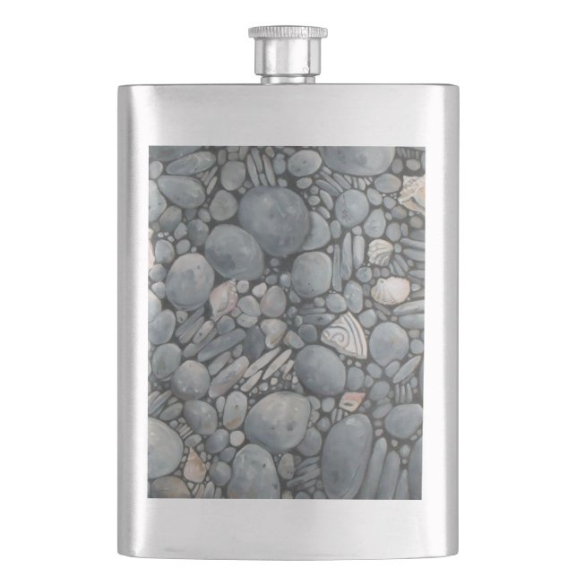 Beach Stones Shells Pebbles Rocks Painting Art Hip Flask (Front)