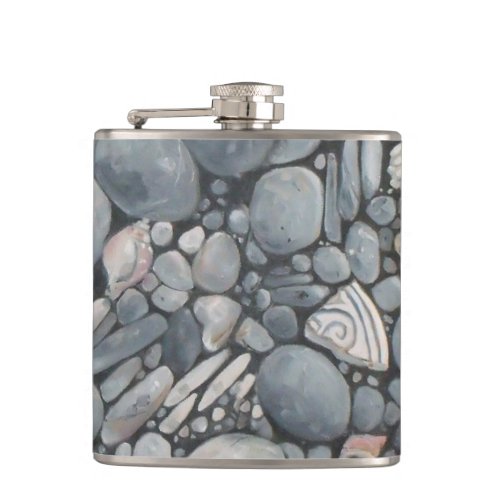 Beach Stones Shells Pebbles Rocks Painting Art Hip Flask
