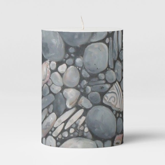 Beach Stones Shells Pebbles Rocks Painting Art Pillar Candle (Front)