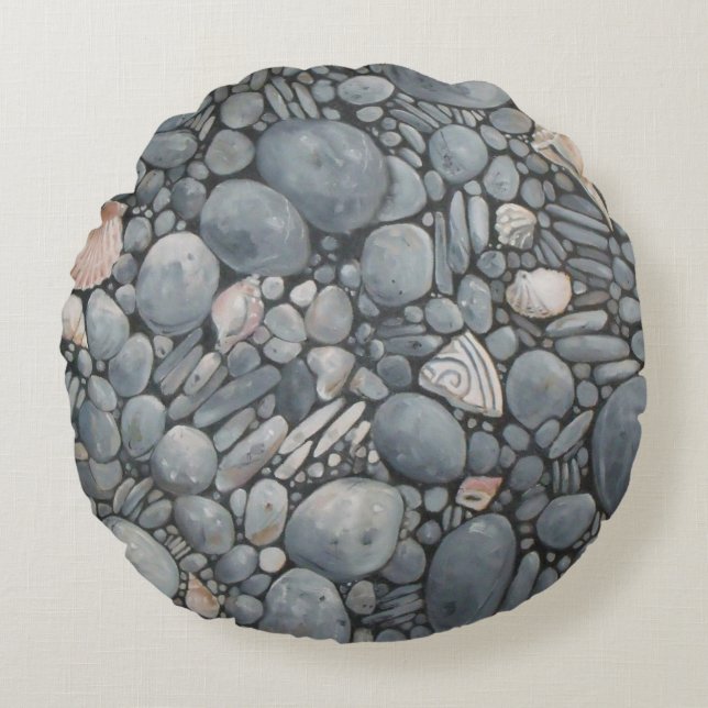Beach Stones Shells Pebbles Rocks Painting Art Round Pillow (Front)