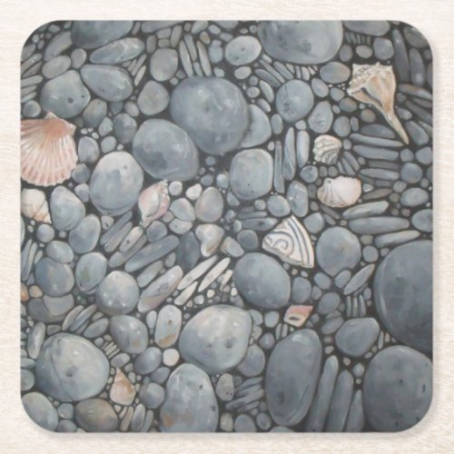 Beach Stones Shells Pebbles Rocks Painting Art Square Paper Coaster