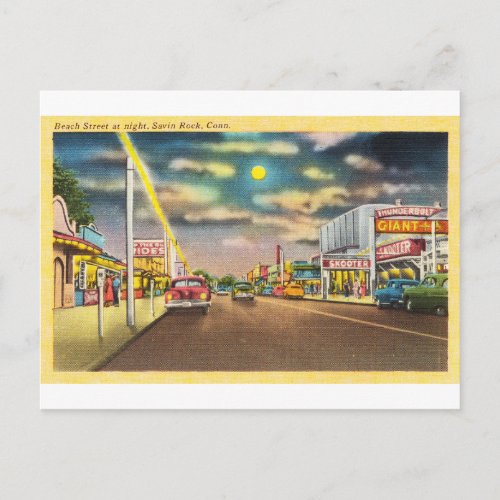 Beach Street at Night in Savin Rock CT Postcard