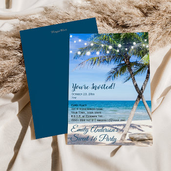 Beach String Light Palm Tree Sweet 16 Birthday Invitation by MaggieMart at Zazzle
