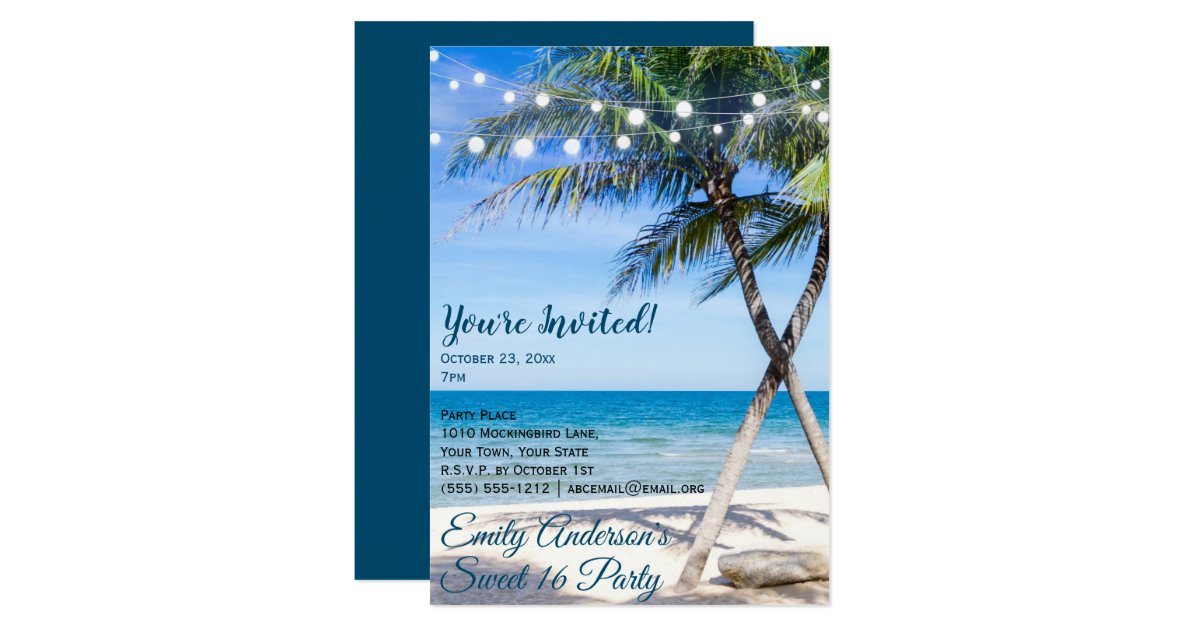 Beach String Light Palm Tree Sweet 16 Birthday Invitation Zazzle
