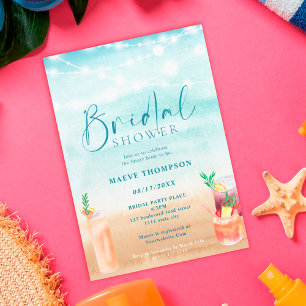 Beach string lights cocktails summer bridal shower invitation