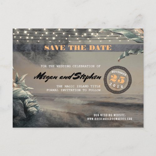 Beach String Lights Palms Ticket Save the Date Announcement Postcard