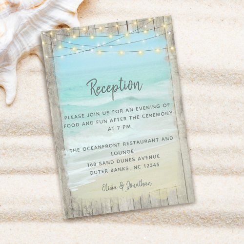 Beach String Lights Rustic Wood Wedding Reception Enclosure Card