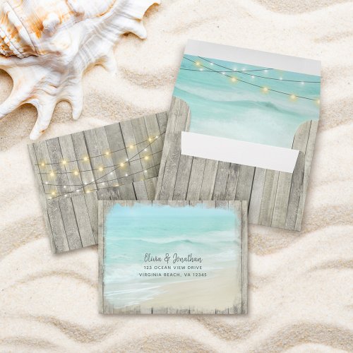 Beach String Lights Rustic Wood Wedding RSVP Envelope