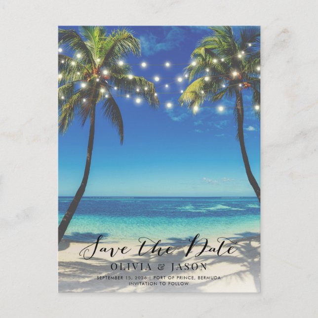 Beach String Lights Wedding Save the Date Photo  Postcard (Front)