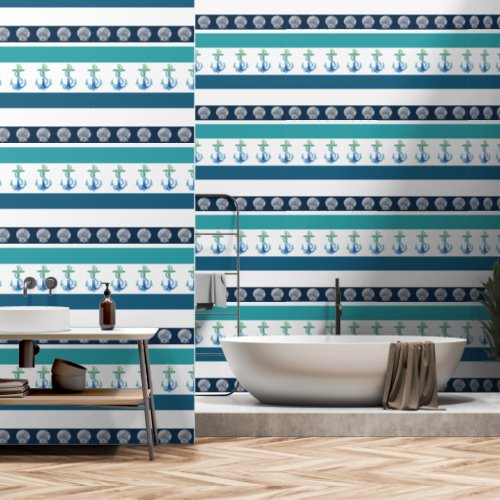 Beach Stripe Blue White Aqua Teal Anchor Wallpaper Wallpaper
