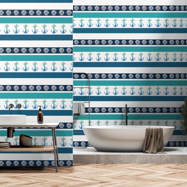 Beach Stripe Blue White Aqua Teal Anchor Wallpaper Wallpaper (Bathroom)