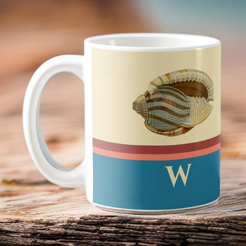 Beach Striped Retro Shell with Monogram Initial Coffee Mug