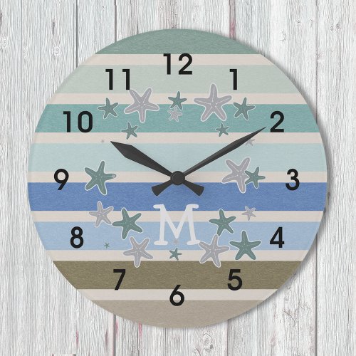 Beach Stripes and Starfish Large Clock