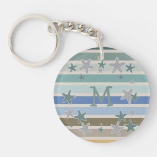Beach Stripes and Starfish Monogram Keychain