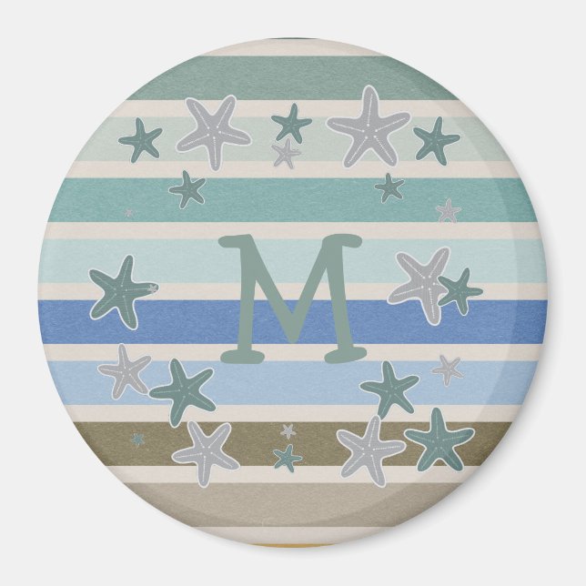 Beach Stripes and Starfish Monogram Magnet (Front)
