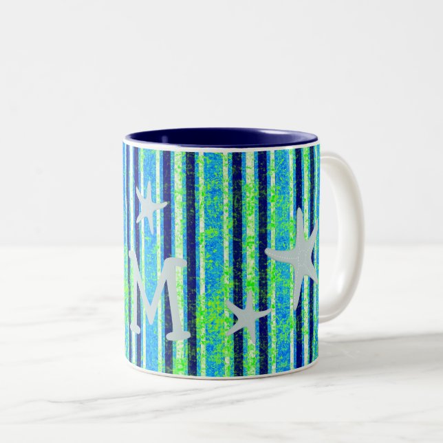Beach Stripes and Starfish Monogram Two-Tone Coffee Mug (Front Right)