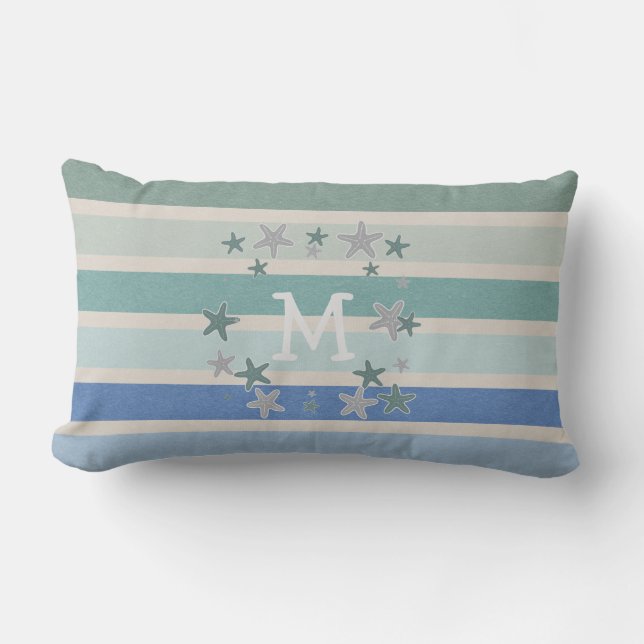 Beach Stripes and Starfish Reversible Lumbar Pillow (Front)