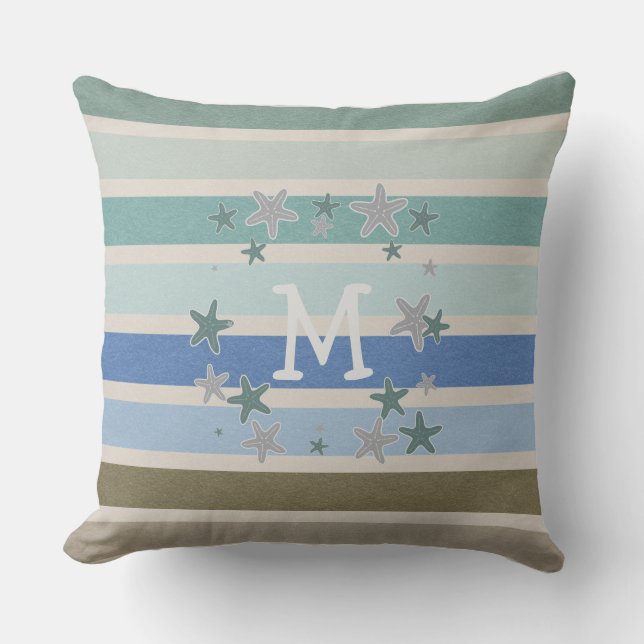 Beach Stripes and Starfish Reversible Throw Pillow (Front)