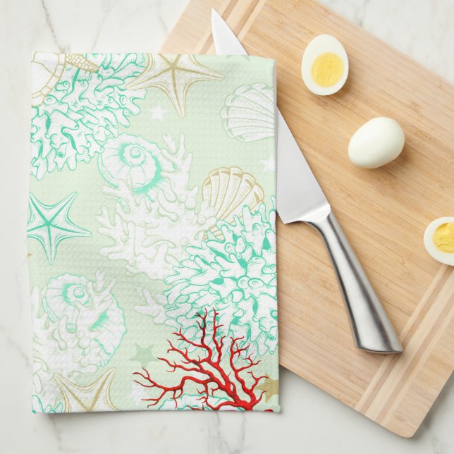 Beach style turquoise teal starfish seashell coral kitchen towel (Quarter Fold)