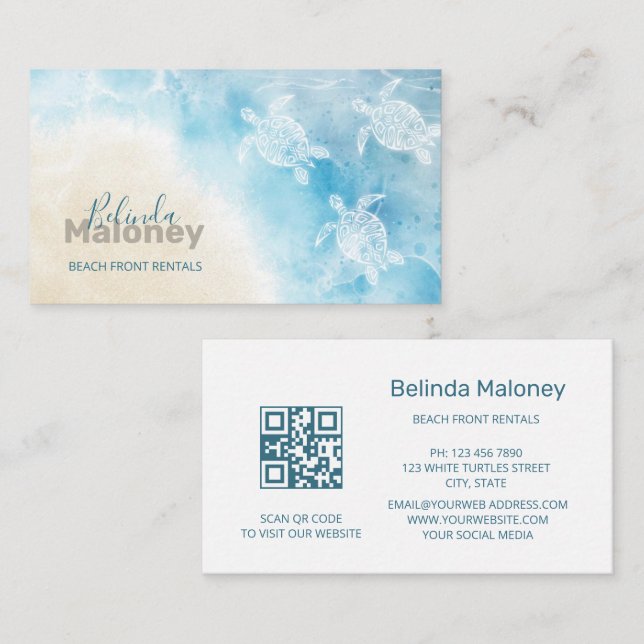 Beach Style White Turtles Scan QR Code Business Card (Front/Back)