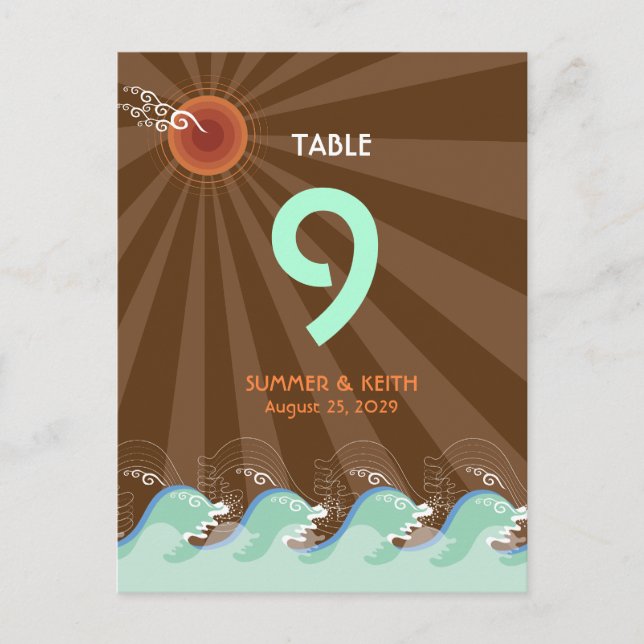 Beach Summer Cool Waves Brown Sun Table Number (Front)