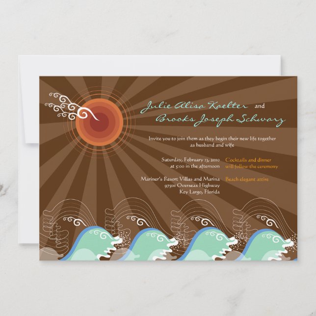 Beach Summer Cool Waves Brown Sun Wedding Invite (Front)