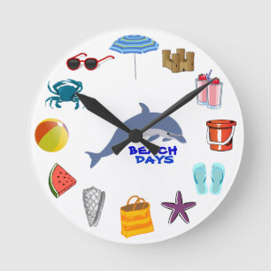 Beach Summer Flip Flops Fish Crab Ocean Round Clock