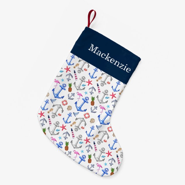 Beach Summer Pattern Custom Name Small Christmas Stocking (Front (Hanging))